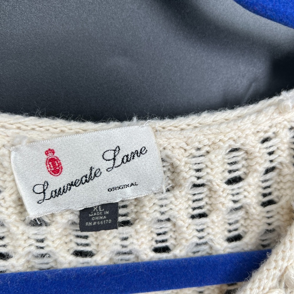 Anthropologie Laureate Lane retro grandma sweater cable knit pom pom XL - Picture 2 of 13